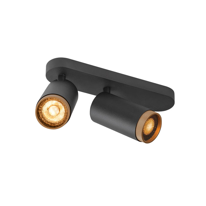 Modern black metal track light fixture with two adjustable spotlights and gold accents.