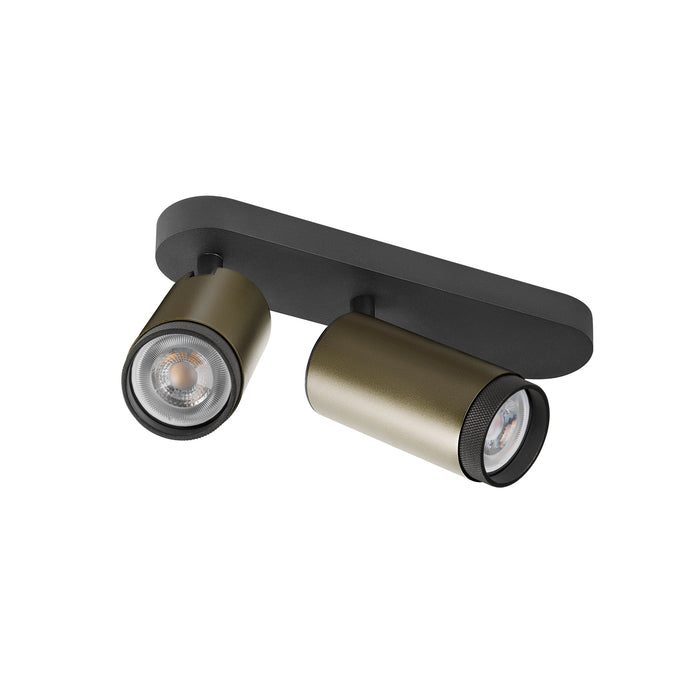 Metal track light with two adjustable spotlights, matte black and olive green finish, ceiling mounted.