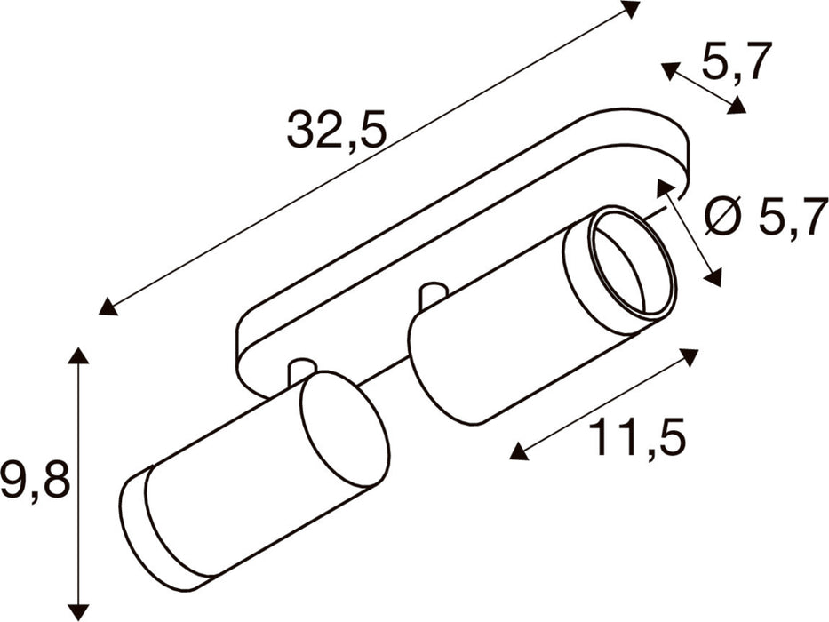 Technical drawing of a two-light spotlight fixture with dimensions.
