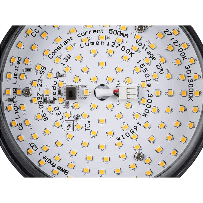 LED module with multiple chips, white PCB, black frame, showing electrical specifications.