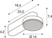 Technical drawing with dimensions of a surface-mounted, round, white light fixture with a mesh diffuser.