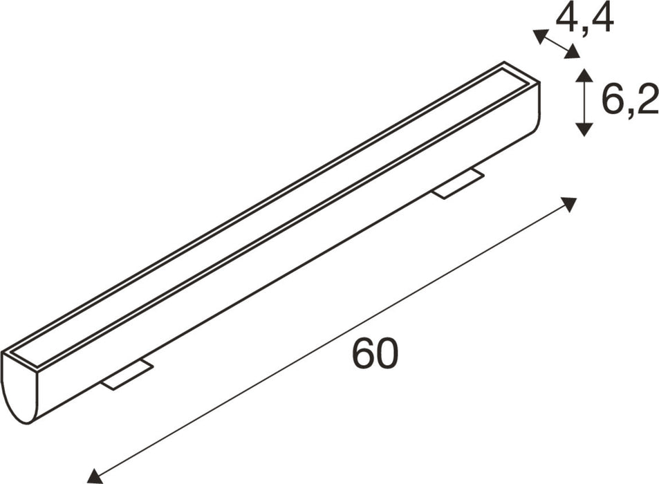 Technical drawing of a linear diffuser, dimensions 60x4.4x6.2, with mounting tabs.