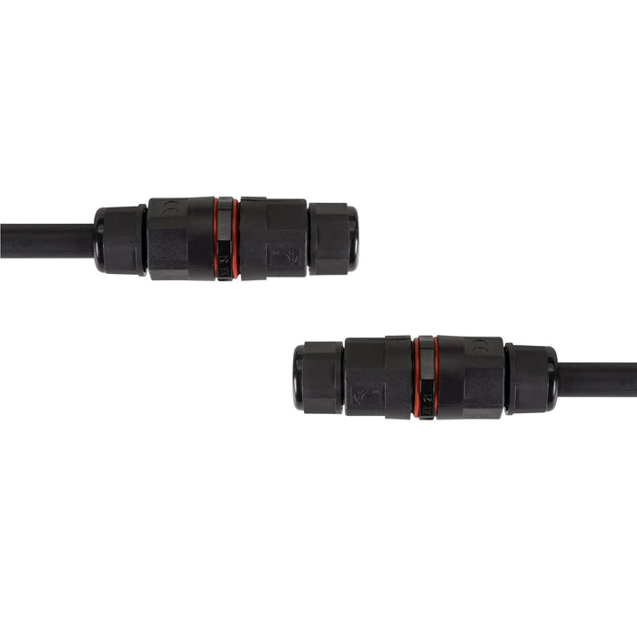 Two black plastic waterproof cable connectors with red seals.