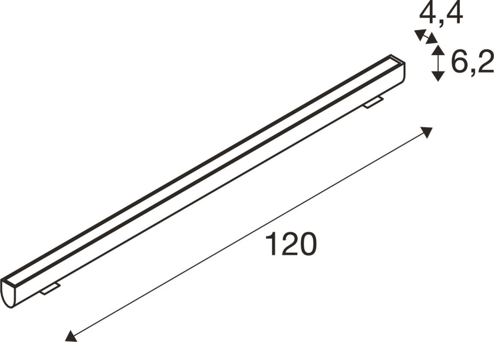 Technical drawing of a 120mm long linear profile with dimensions 4.4mm x 6.2mm.