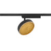 Black track lighting fixture with round gold honeycomb diffuser.