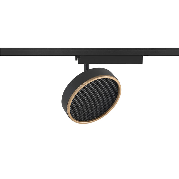 Black track lighting fixture with gold trim and honeycomb lens.