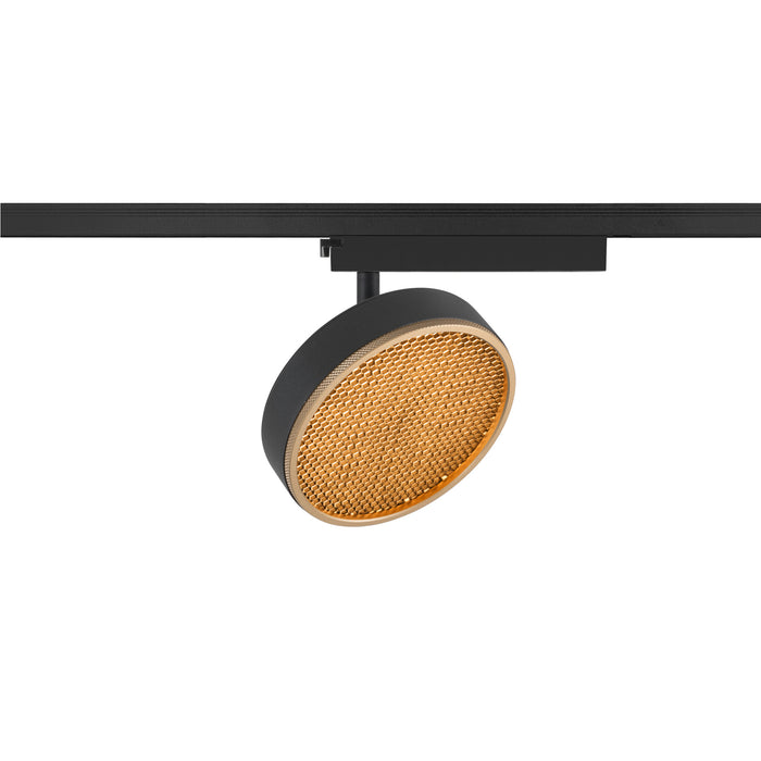 Black track lighting fixture with round gold honeycomb lens.