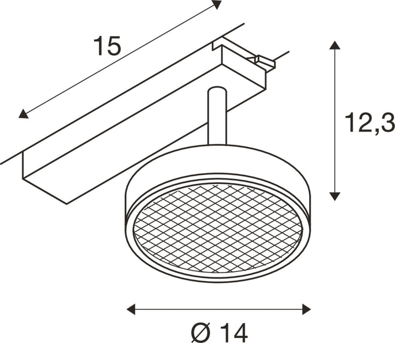 Technical drawing of a track light fixture with dimensions.