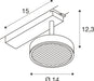 Technical drawing of a track light fixture with dimensions.