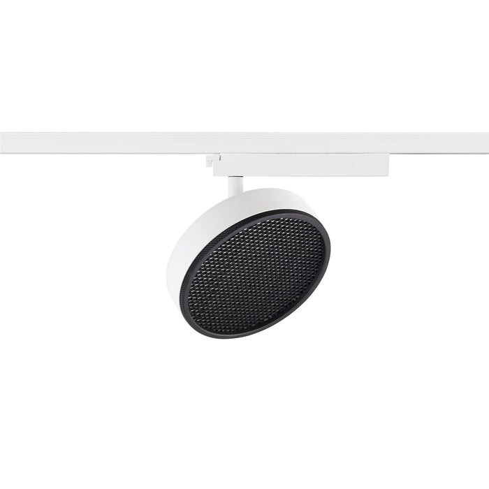 White track lighting fixture with black honeycomb lens, surface mounted.