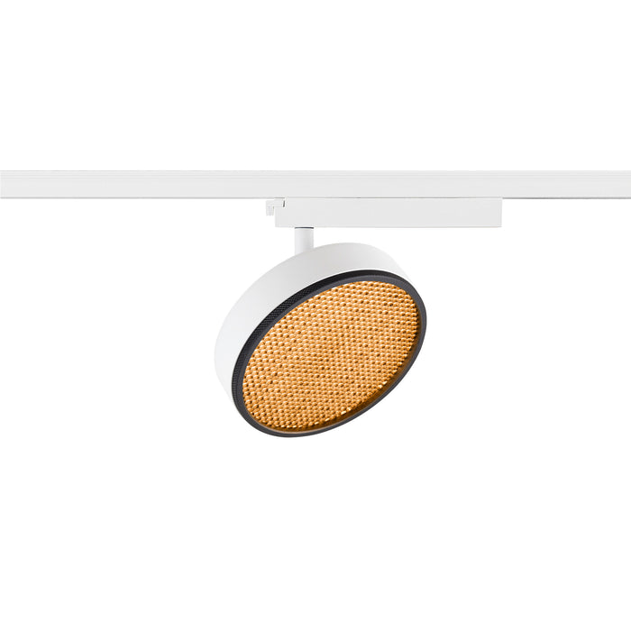 White track lighting fixture with honeycomb lens, mounted on a white track.