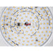 Close-up of a round LED module with visible components, specs like 2700K/3000K color temperature, and a 120° beam angle.