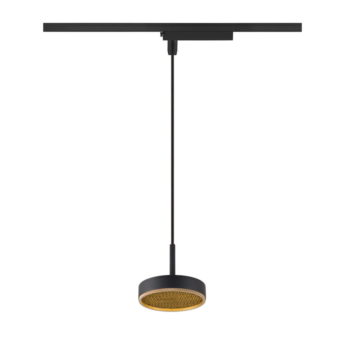 Black track lighting pendant with round shade and gold-toned interior.