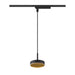 Black track lighting pendant with round shade and gold-toned interior.