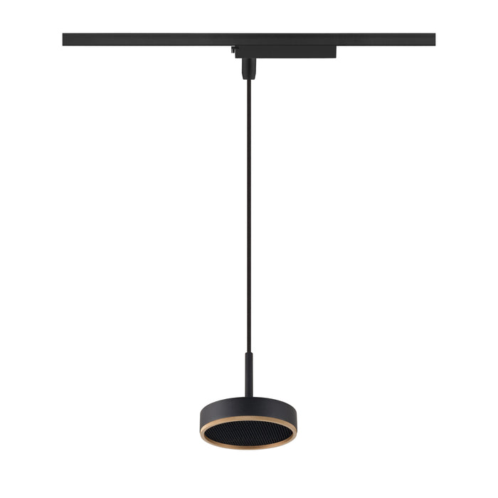 Black track lighting fixture with round pendant, wood accent, and honeycomb diffuser.