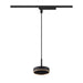 Black track lighting fixture with round pendant, wood accent, and honeycomb diffuser.