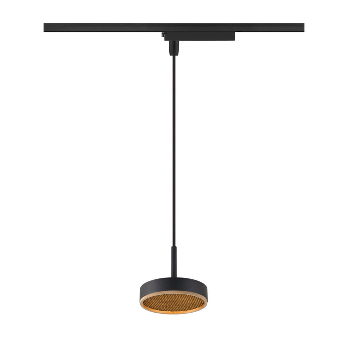 Black track lighting pendant with woven shade detail.