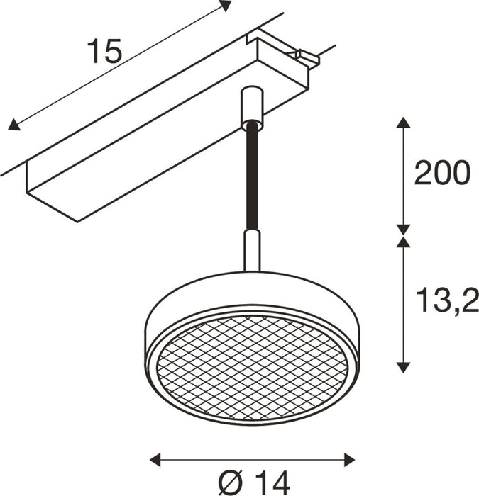 Technical drawing of a ceiling-mounted spotlight with dimensions.