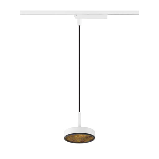 White track lighting pendant with a round shade, black cord, and textured gold interior.