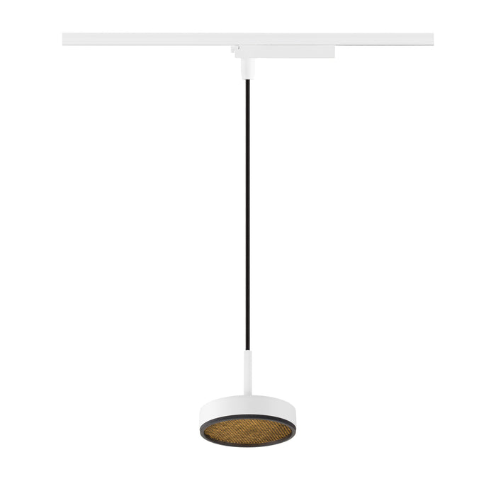 White track lighting pendant with a round shade, black cord, and textured gold interior.