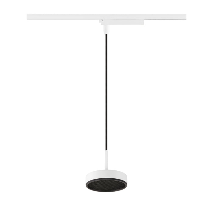 White track lighting fixture with a round head and black mesh detail.