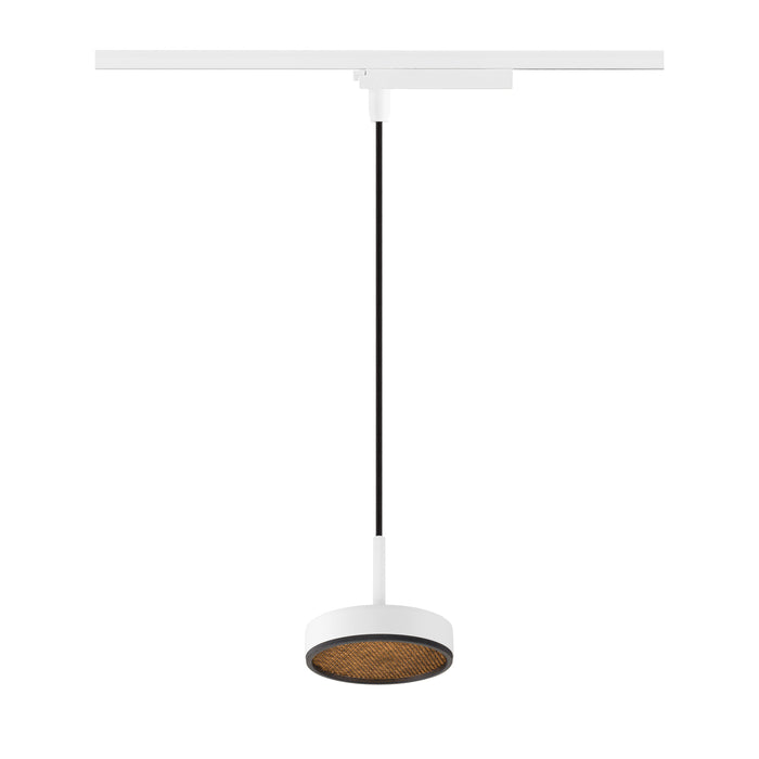 White track lighting pendant with woven shade.