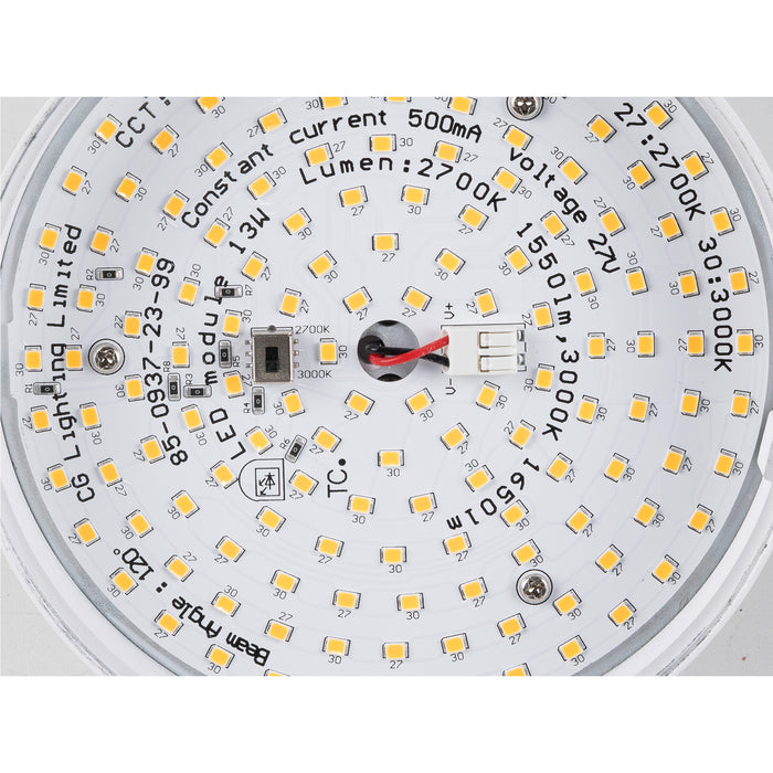 Close-up of a round LED module with visible components, specs like 2700K/3000K color temperature, and a 120° beam angle.