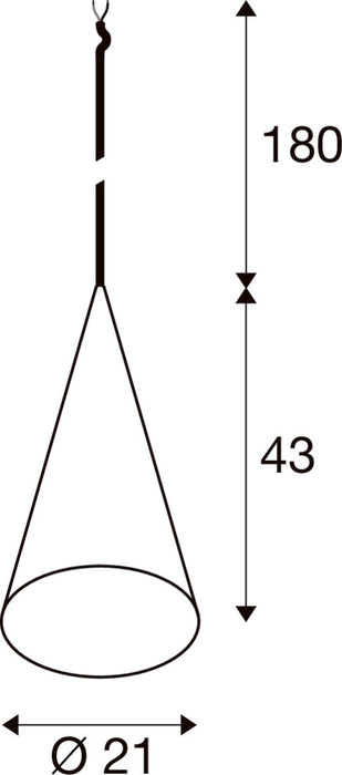 Technical drawing of a hanging cone-shaped object with dimensions.