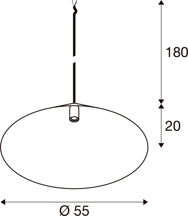 Technical drawing of a pendant light fixture with dimensions.