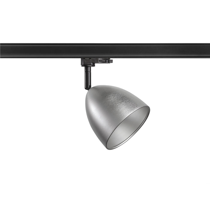Silver metal track lighting head with black track mount.