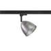 Silver metal track lighting head with black track mount.