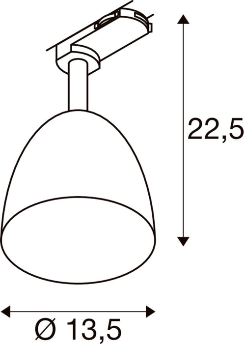 Dimensional drawing of a ceiling-mounted spotlight.