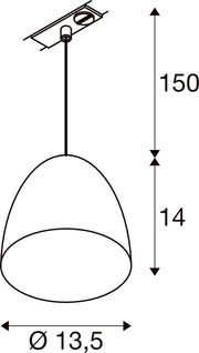 Line drawing of a ceiling-mounted pendant light fixture with dimensions.