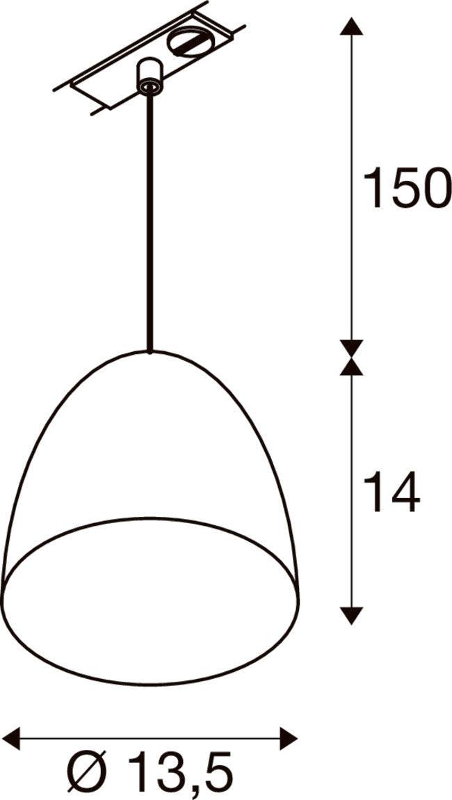 Line drawing of a ceiling-mounted pendant light fixture with dimensions.