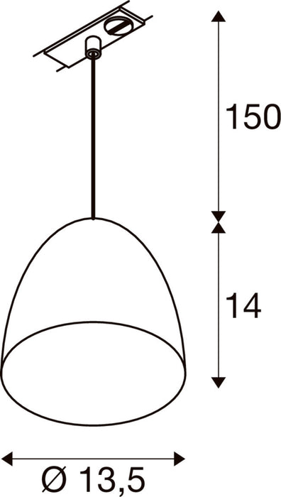 Line drawing of a ceiling-mounted pendant light fixture with dimensions.