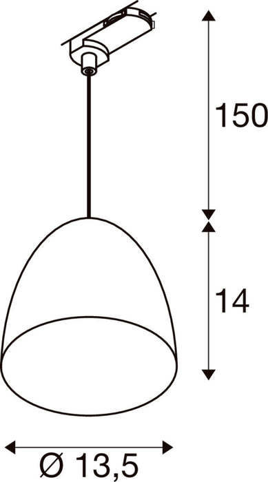 Technical drawing of a white pendant light fixture with dimensions.