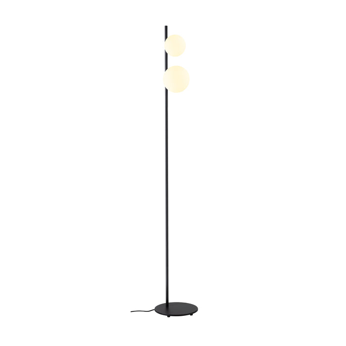 Modern floor lamp with two frosted glass globes on a black metal stand.
