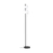 Black metal floor lamp with two white glass globe shades.
