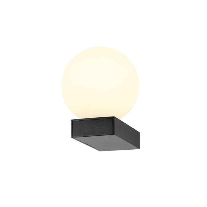 Modern wall sconce with a matte black finish and a round, frosted glass shade.