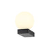 Modern wall sconce with a matte black finish and a round, frosted glass shade.
