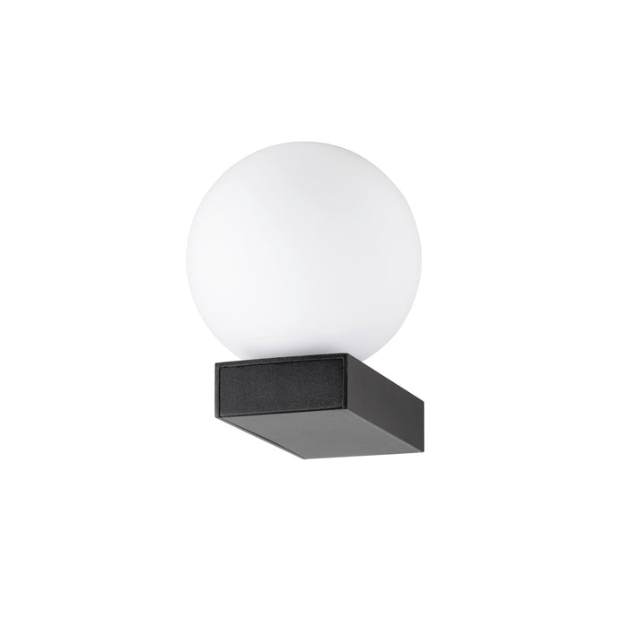 Black metal wall sconce with a frosted white glass globe.