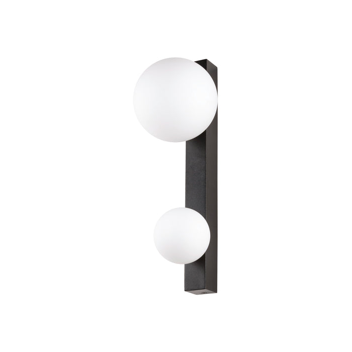 Modern wall sconce with white glass globes and a dark bronze metal frame.