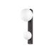 Modern wall sconce with white glass globes and a dark bronze metal frame.