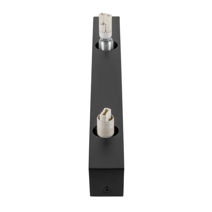 Metal wall-mounted light fixture with two sockets, matte black finish.