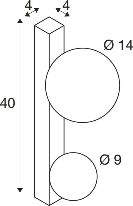 Technical drawing of a white wall-mounted fixture with dimensions, featuring a rectangular bar and two circular elements.