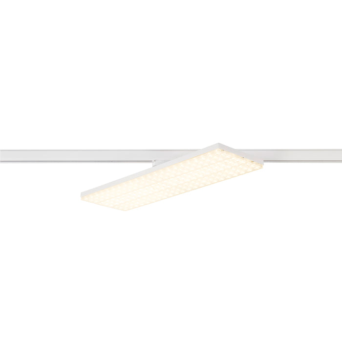 White rectangular LED panel light fixture, track mounted.