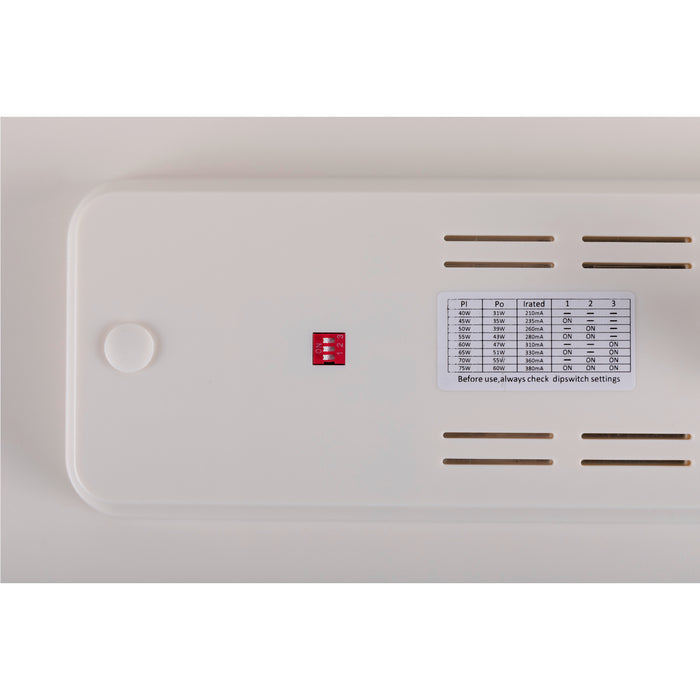 White plastic LED driver with dip switch settings chart.