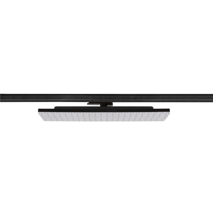 Black track lighting fixture, square LED panel, track mounted.