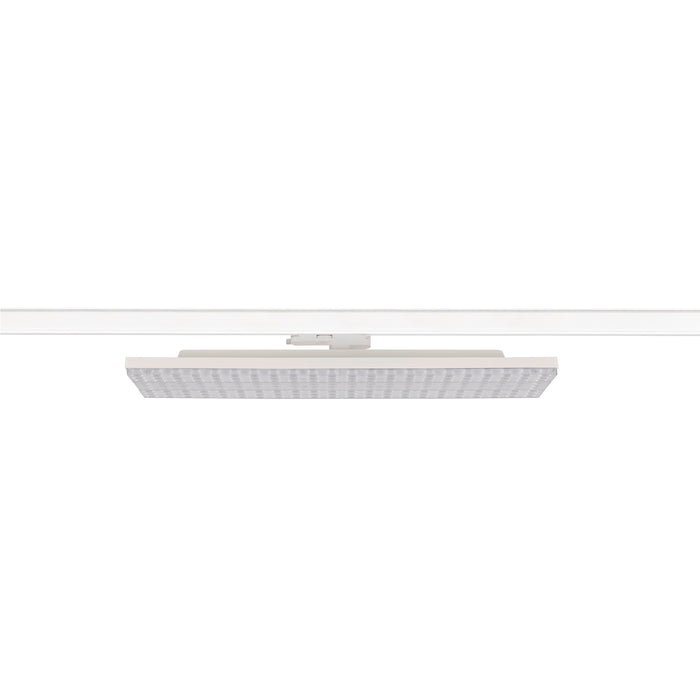 White square LED panel light fixture, track mounted.