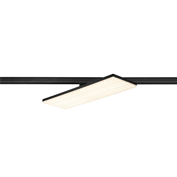 Black track lighting fixture with rectangular LED panel.